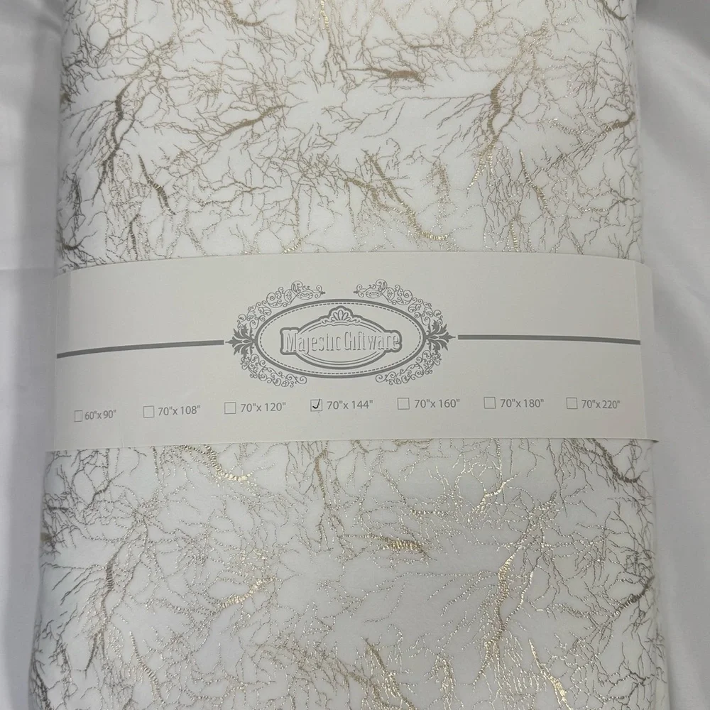 New Majestic Giftware Velvet Rectangle Tablecloth White With Gold Branch Print
